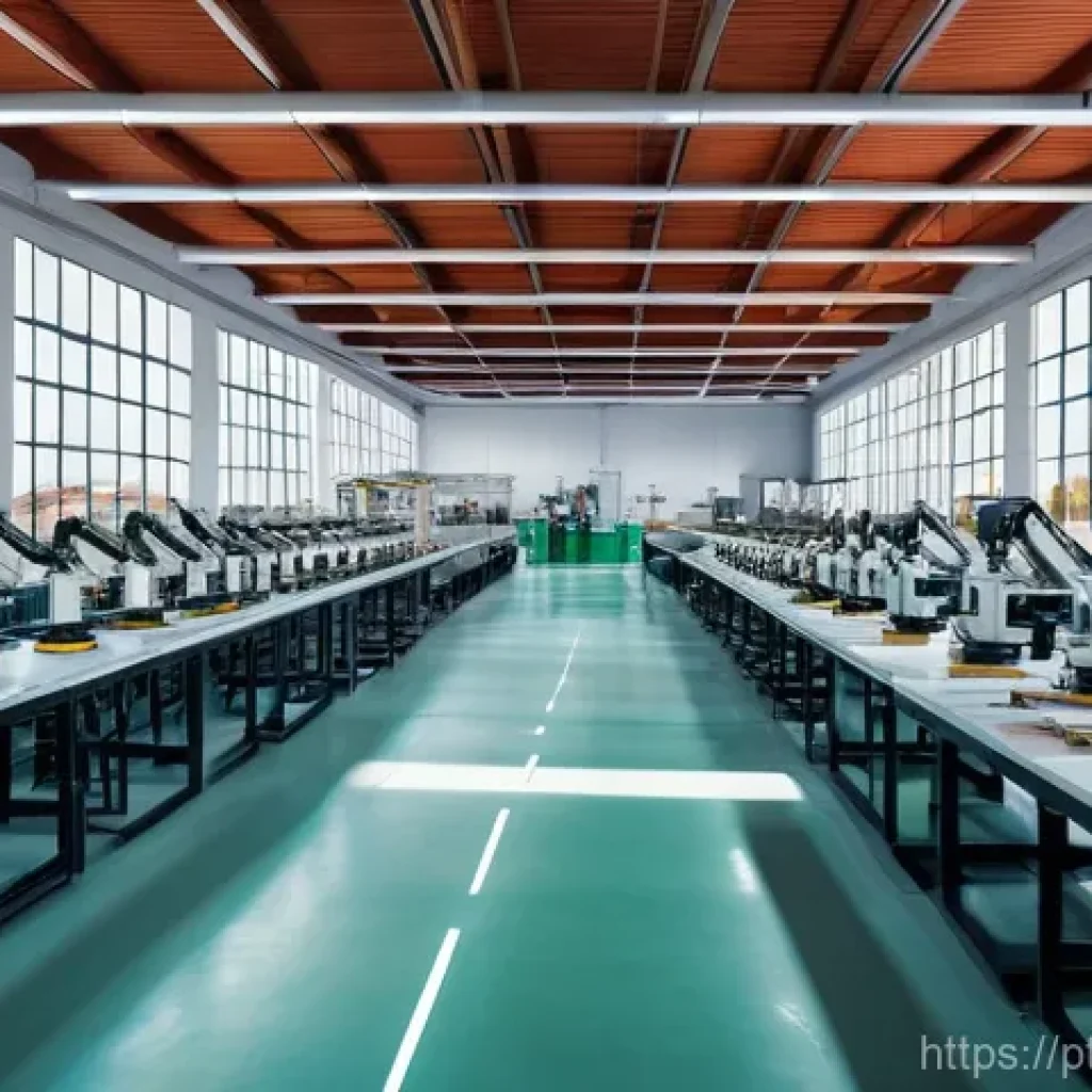 4차 산업혁명과 노동시장 변화 - A vibrant, modern Portuguese factory interior. Several human workers, men and women of diverse ages,...