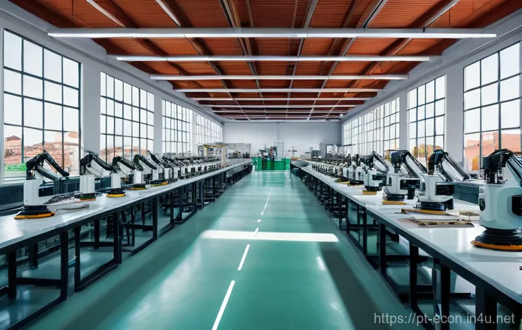 4차 산업혁명과 노동시장 변화 - A vibrant, modern Portuguese factory interior. Several human workers, men and women of diverse ages,...